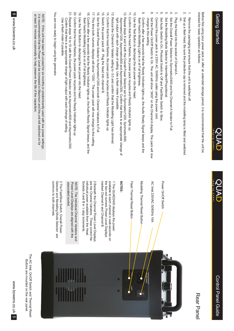 Rear panel, Getting started control panel guide | Bowens QUAD BW-7620 User Manual | Page 5 / 6