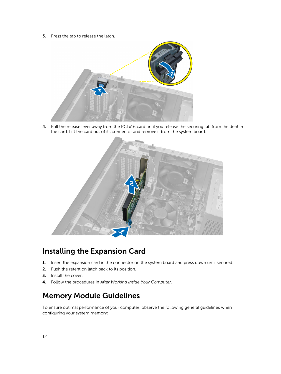 Installing the expansion card, Memory module guidelines | Dell OptiPlex 7020 (Mid 2014) User Manual | Page 12 / 54