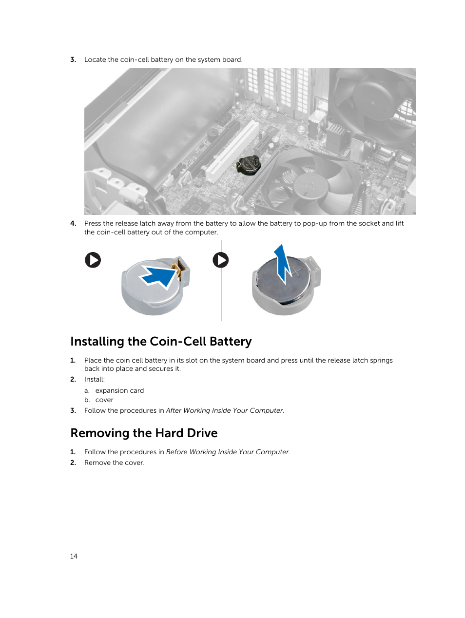 Installing the coin-cell battery, Removing the hard drive | Dell OptiPlex 7020 (Mid 2014) User Manual | Page 14 / 54