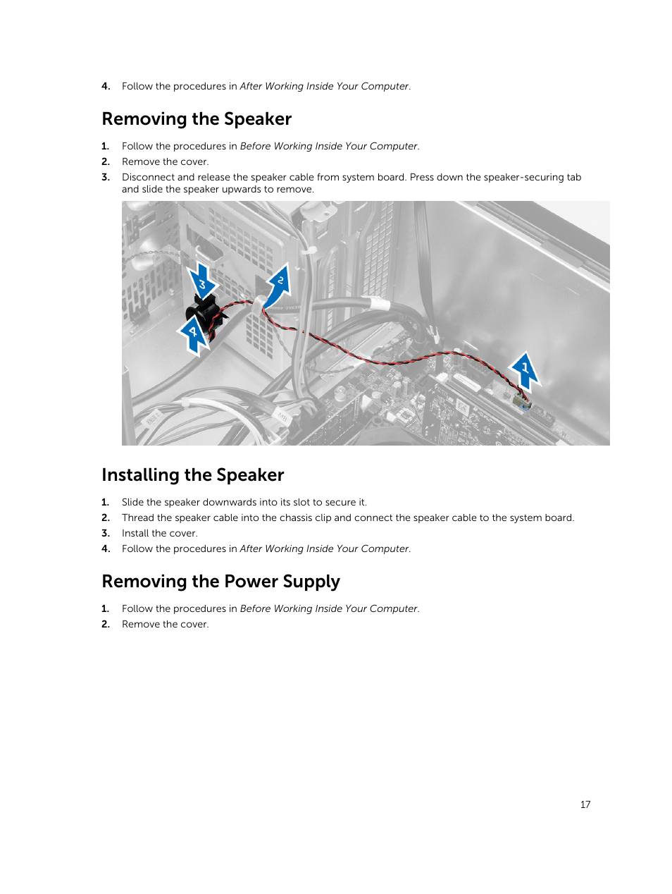 Removing the speaker, Installing the speaker, Removing the power supply | Dell OptiPlex 7020 (Mid 2014) User Manual | Page 17 / 54