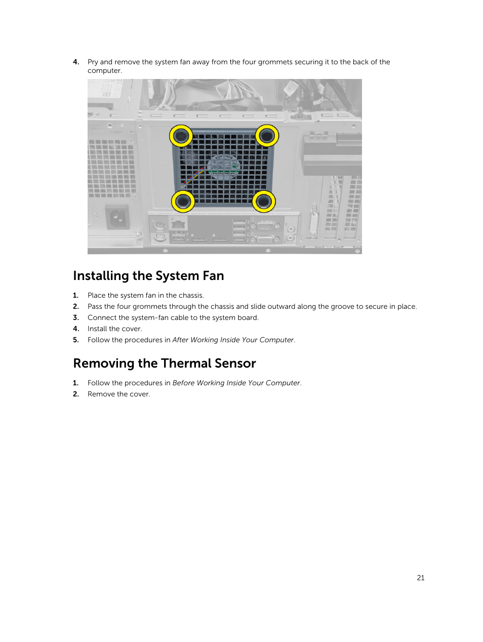 Installing the system fan, Removing the thermal sensor | Dell OptiPlex 7020 (Mid 2014) User Manual | Page 21 / 54