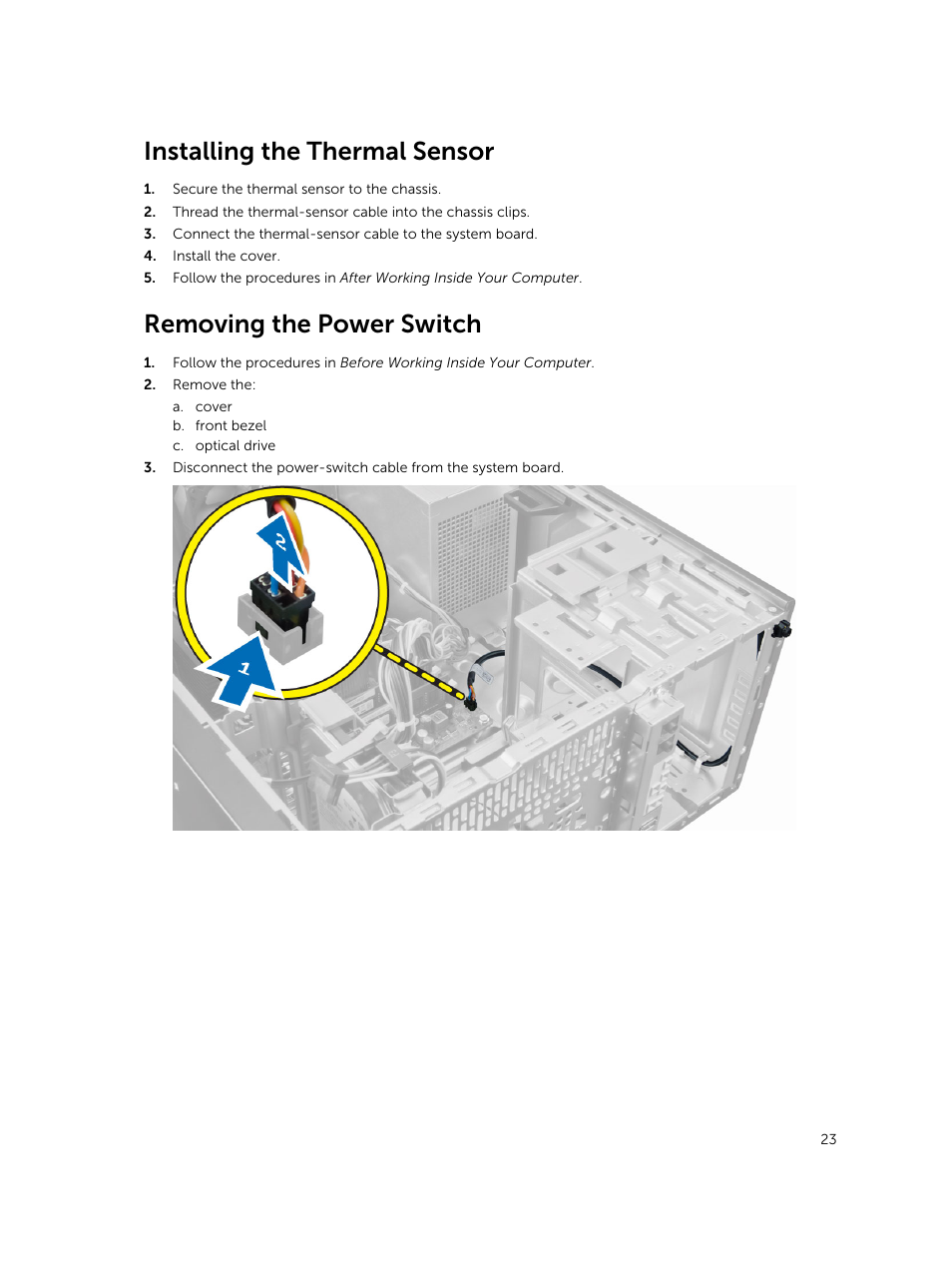 Installing the thermal sensor, Removing the power switch | Dell OptiPlex 7020 (Mid 2014) User Manual | Page 23 / 54