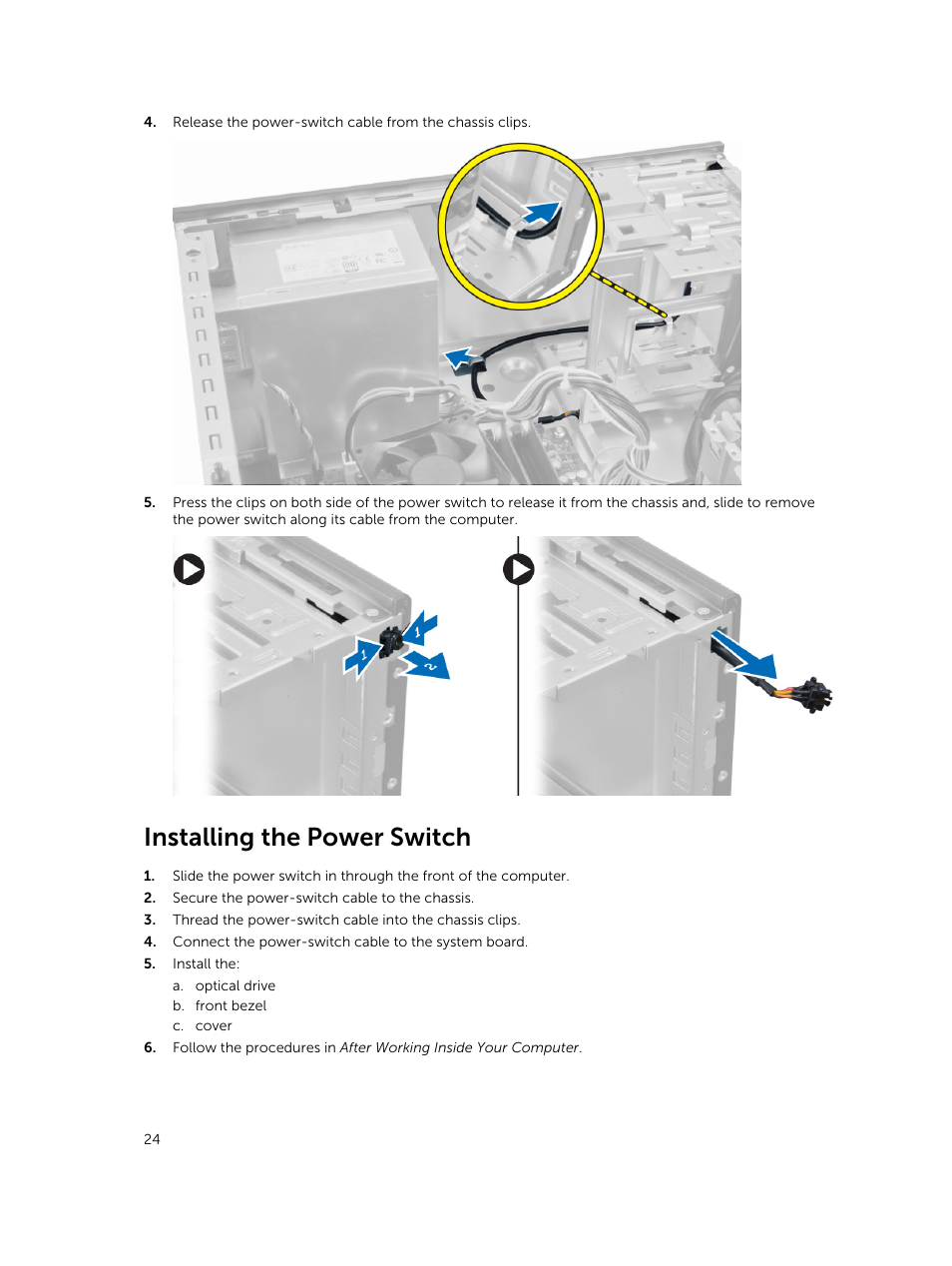 Installing the power switch | Dell OptiPlex 7020 (Mid 2014) User Manual | Page 24 / 54
