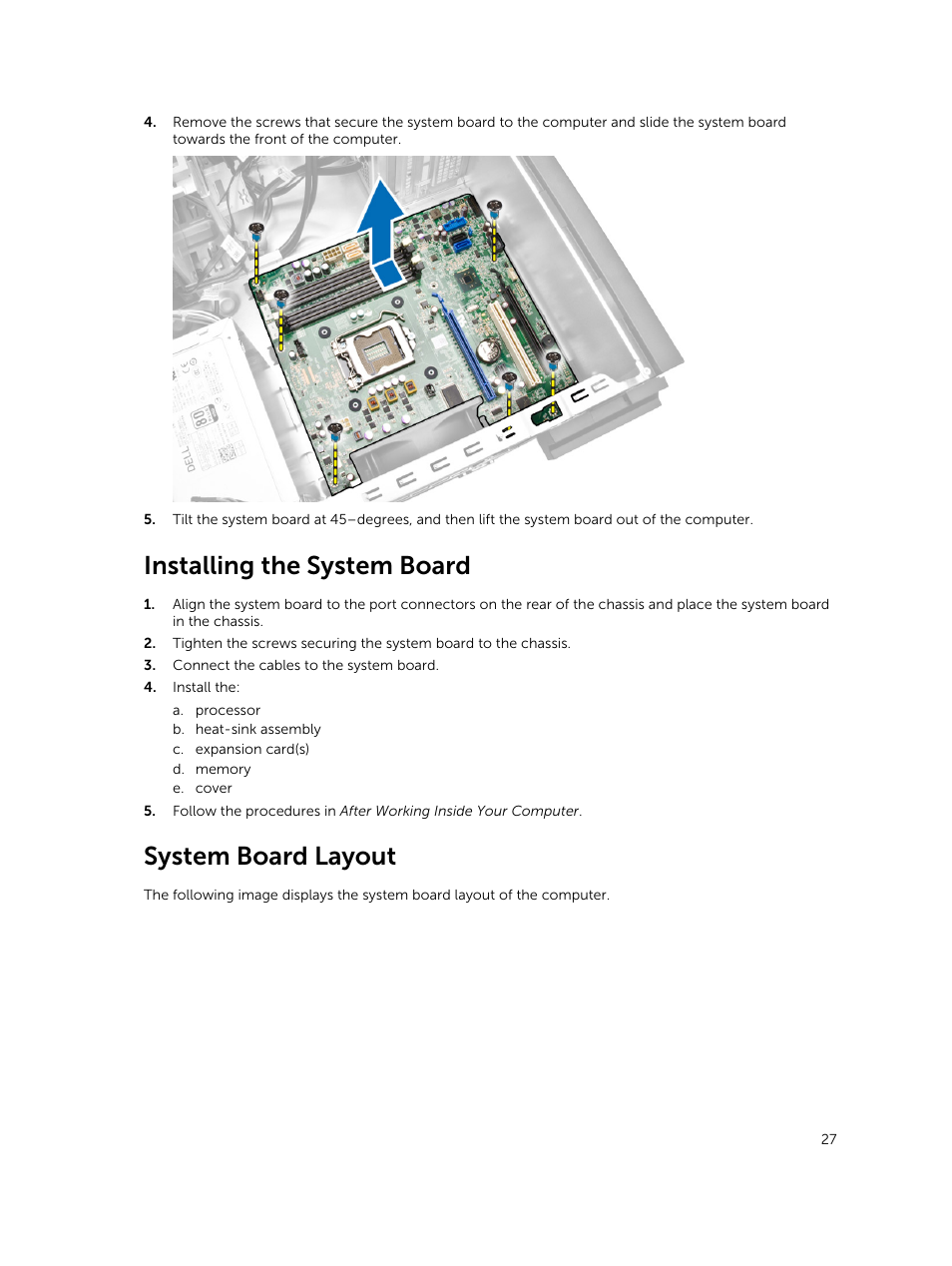 Installing the system board, System board layout | Dell OptiPlex 7020 (Mid 2014) User Manual | Page 27 / 54