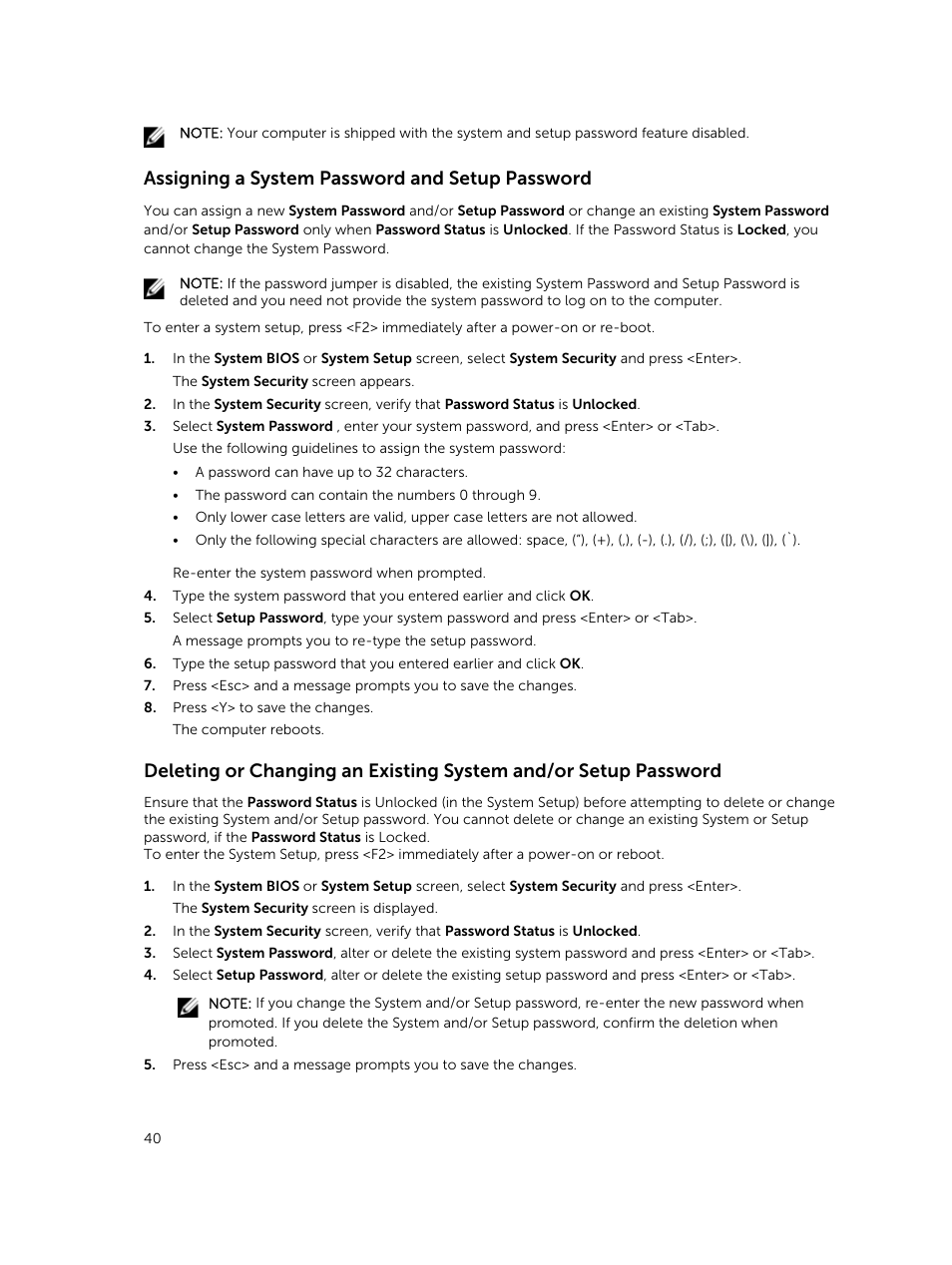 Assigning a system password and setup password | Dell OptiPlex 7020 (Mid 2014) User Manual | Page 40 / 54