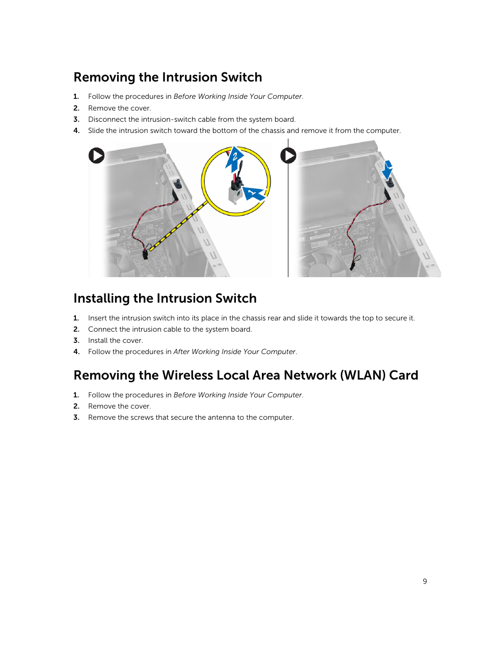 Removing the intrusion switch, Installing the intrusion switch | Dell OptiPlex 7020 (Mid 2014) User Manual | Page 9 / 54
