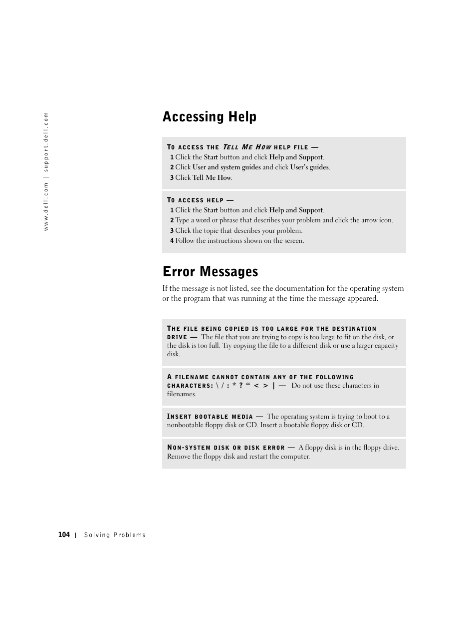 Accessing help, Error messages, Accessing help error messages | Dell Inspiron 8500 User Manual | Page 104 / 186