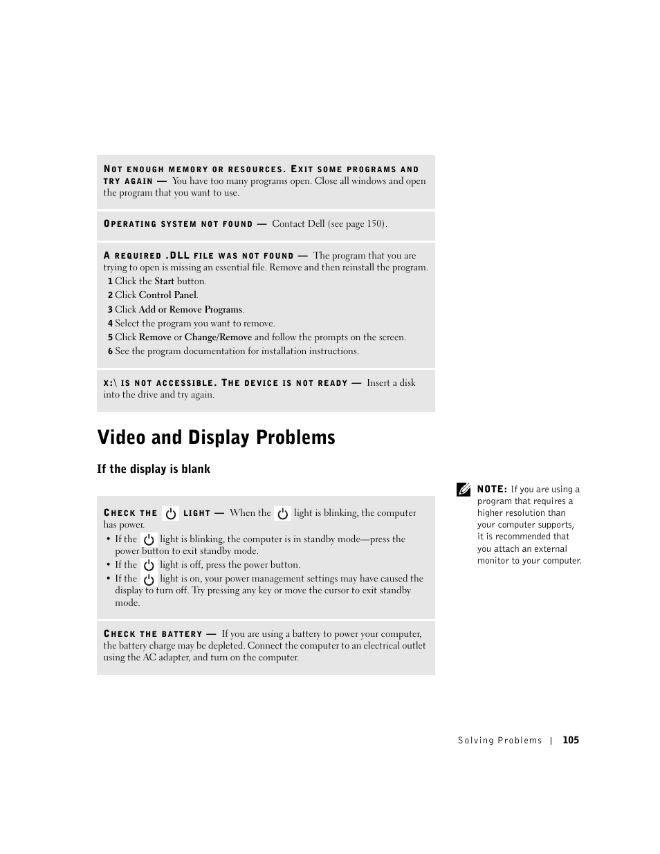 Video and display problems, If the display is blank | Dell Inspiron 8500 User Manual | Page 105 / 186