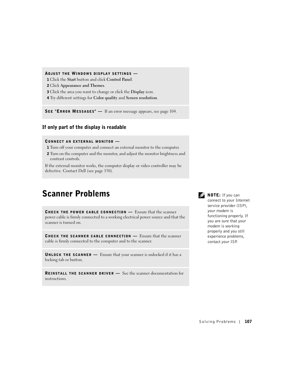 If only part of the display is readable, Scanner problems | Dell Inspiron 8500 User Manual | Page 107 / 186