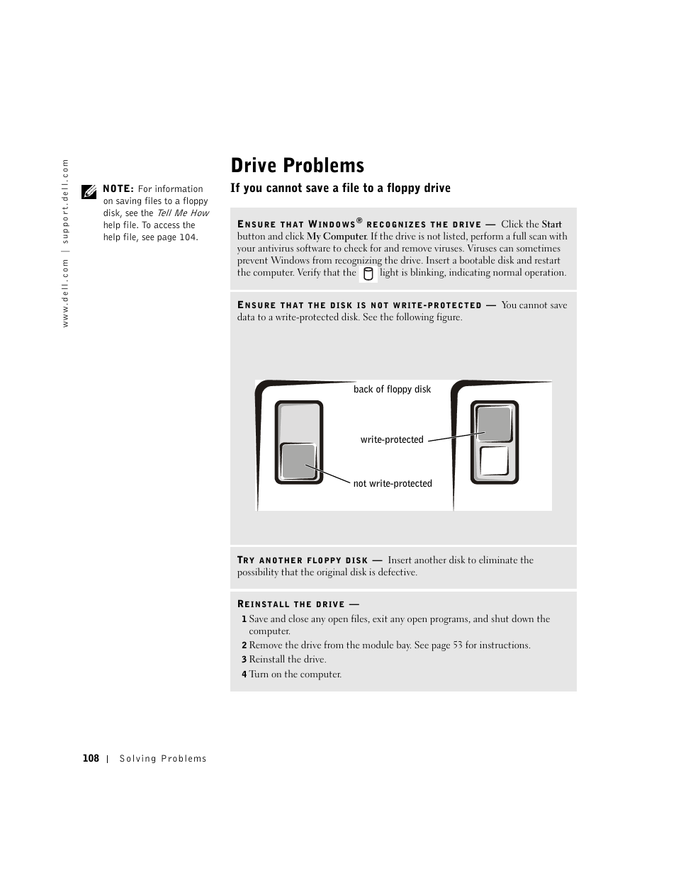 Drive problems, If you cannot save a file to a floppy drive | Dell Inspiron 8500 User Manual | Page 108 / 186