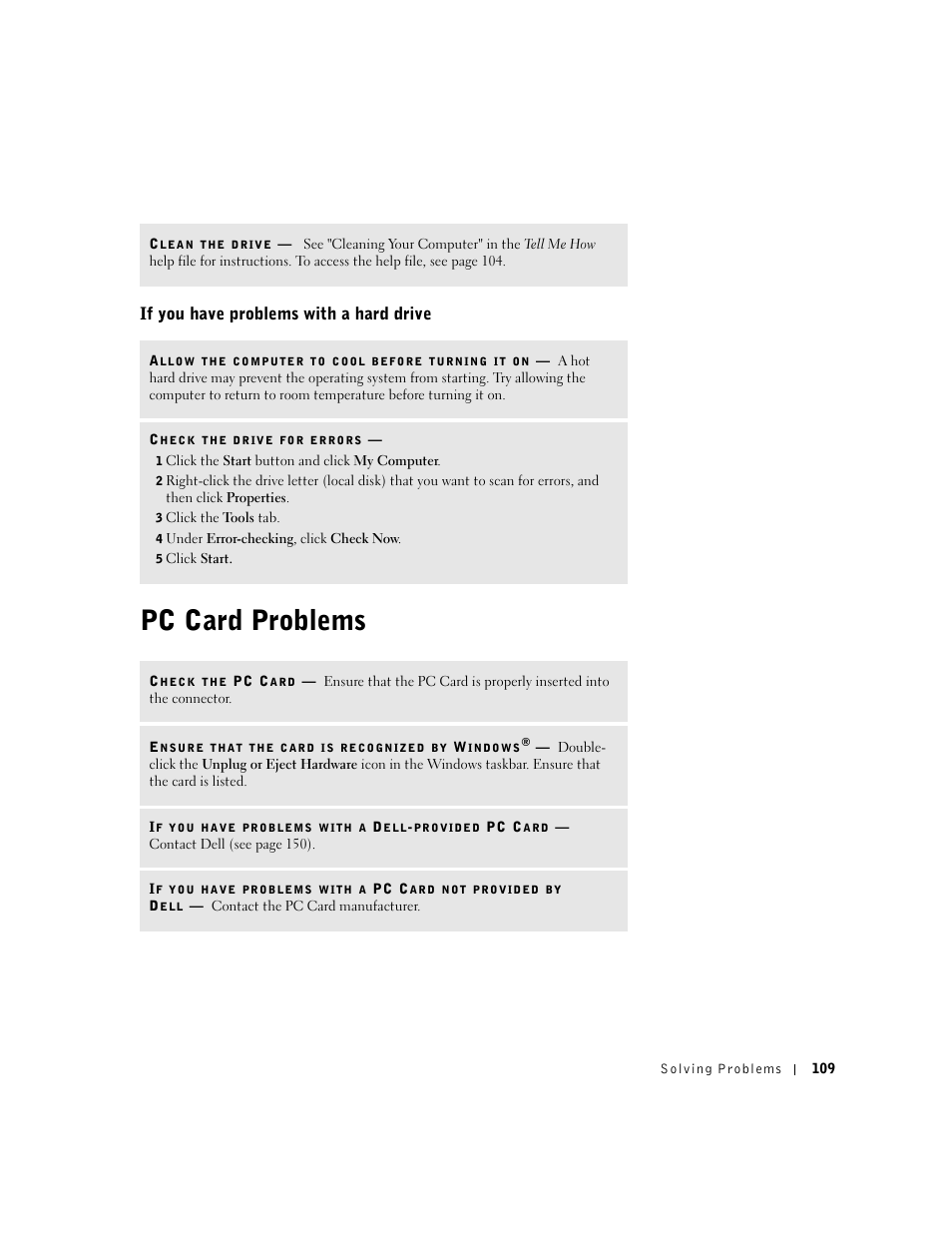 If you have problems with a hard drive, Pc card problems | Dell Inspiron 8500 User Manual | Page 109 / 186