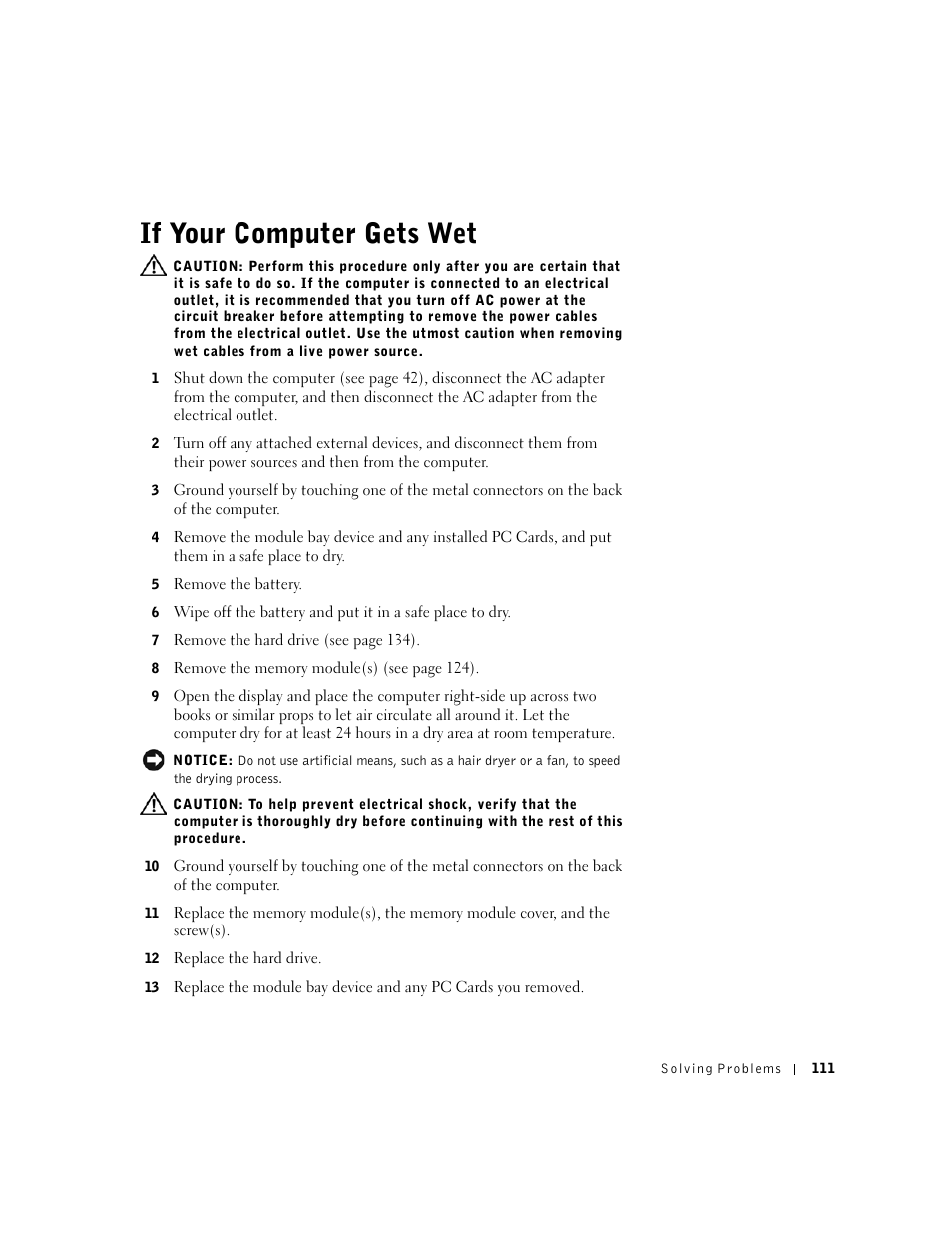 If your computer gets wet | Dell Inspiron 8500 User Manual | Page 111 / 186