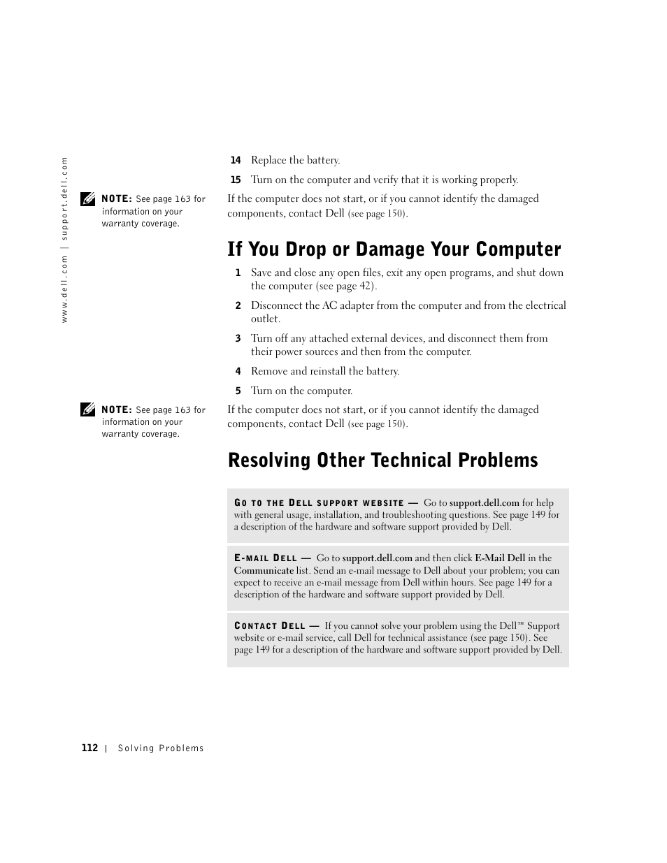 If you drop or damage your computer, Resolving other technical problems | Dell Inspiron 8500 User Manual | Page 112 / 186