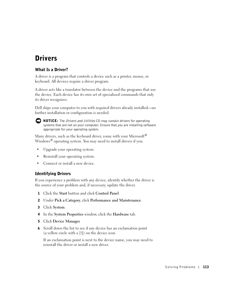 Drivers, What is a driver, Identifying drivers | Dell Inspiron 8500 User Manual | Page 113 / 186