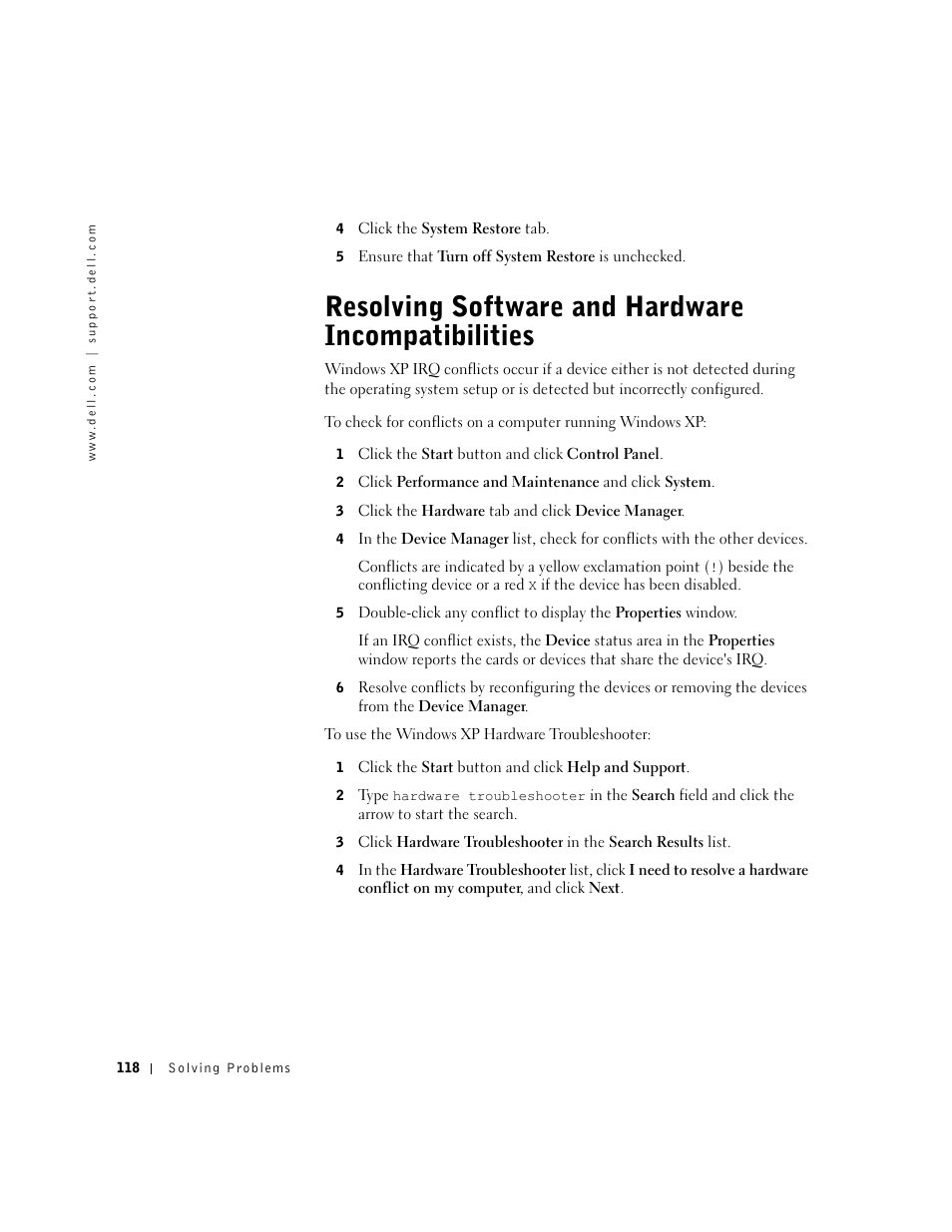 Resolving software and hardware incompatibilities | Dell Inspiron 8500 User Manual | Page 118 / 186