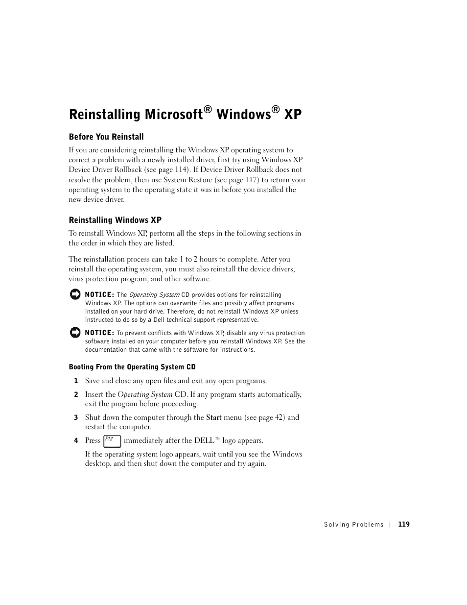 Reinstalling microsoft® windows® xp, Before you reinstall, Reinstalling windows xp | Reinstalling microsoft, Windows | Dell Inspiron 8500 User Manual | Page 119 / 186