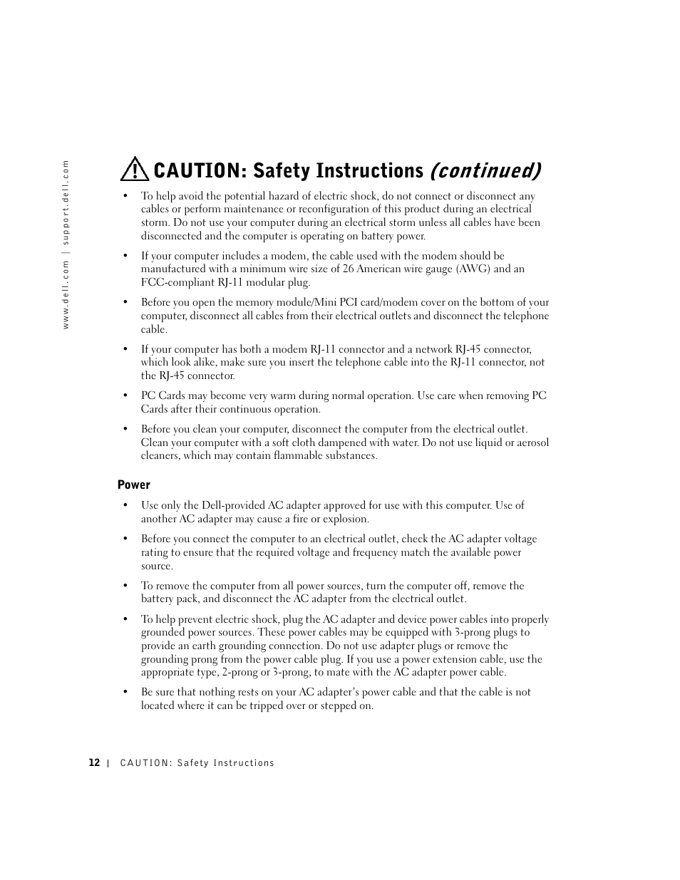 Power, Continued), Caution: safety instructions | Dell Inspiron 8500 User Manual | Page 12 / 186