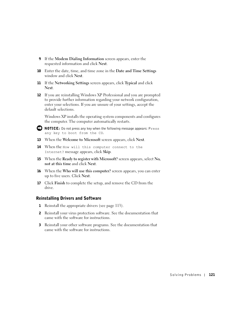 Reinstalling drivers and software | Dell Inspiron 8500 User Manual | Page 121 / 186
