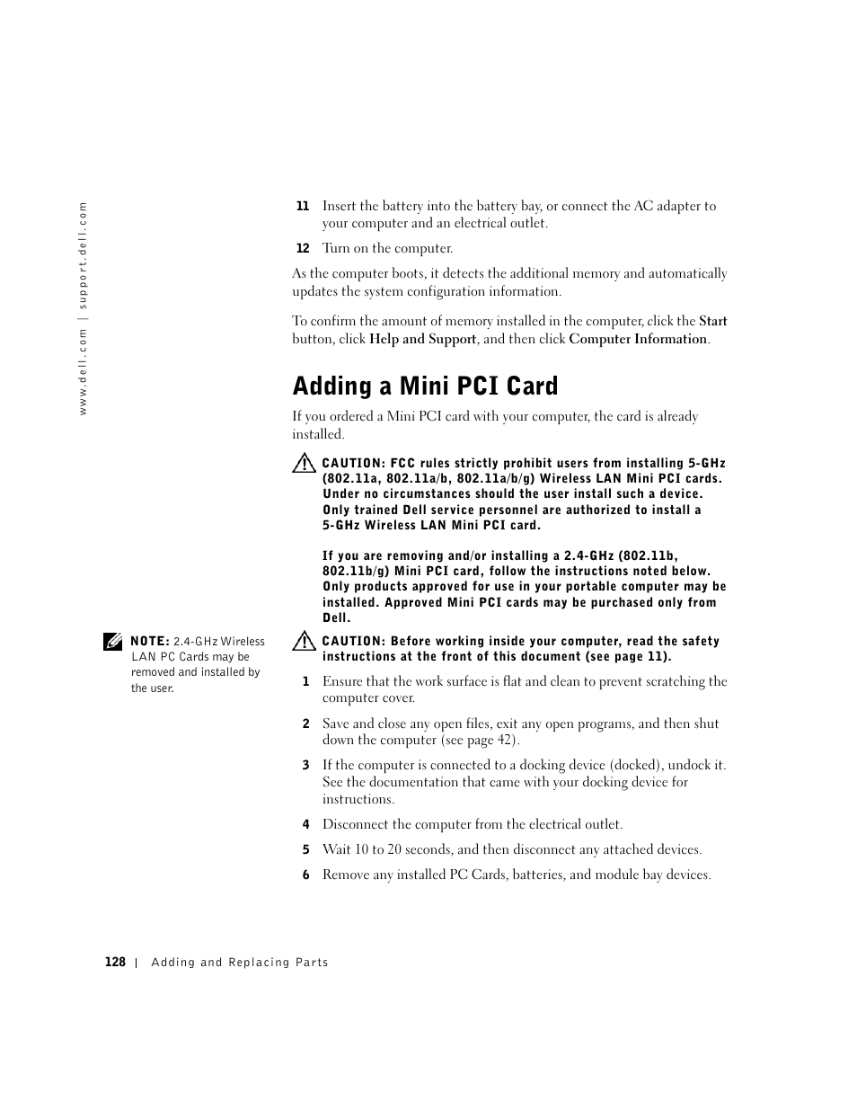 Adding a mini pci card | Dell Inspiron 8500 User Manual | Page 128 / 186