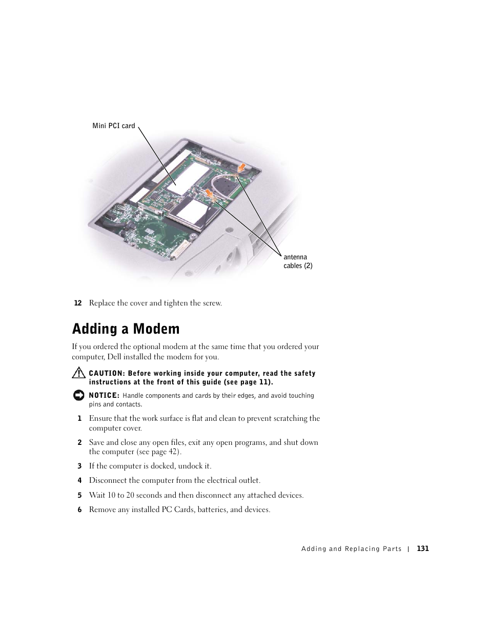 Adding a modem | Dell Inspiron 8500 User Manual | Page 131 / 186