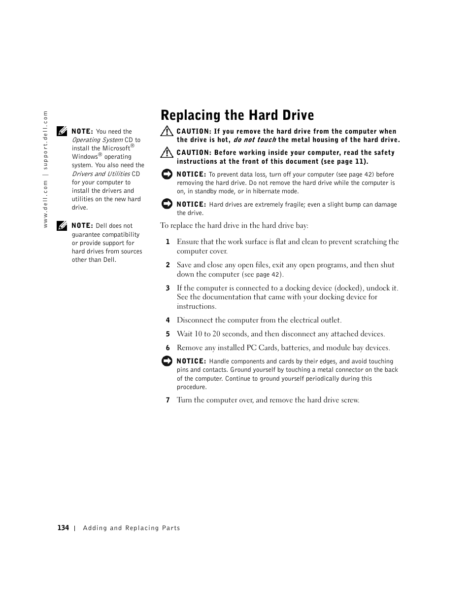Replacing the hard drive | Dell Inspiron 8500 User Manual | Page 134 / 186