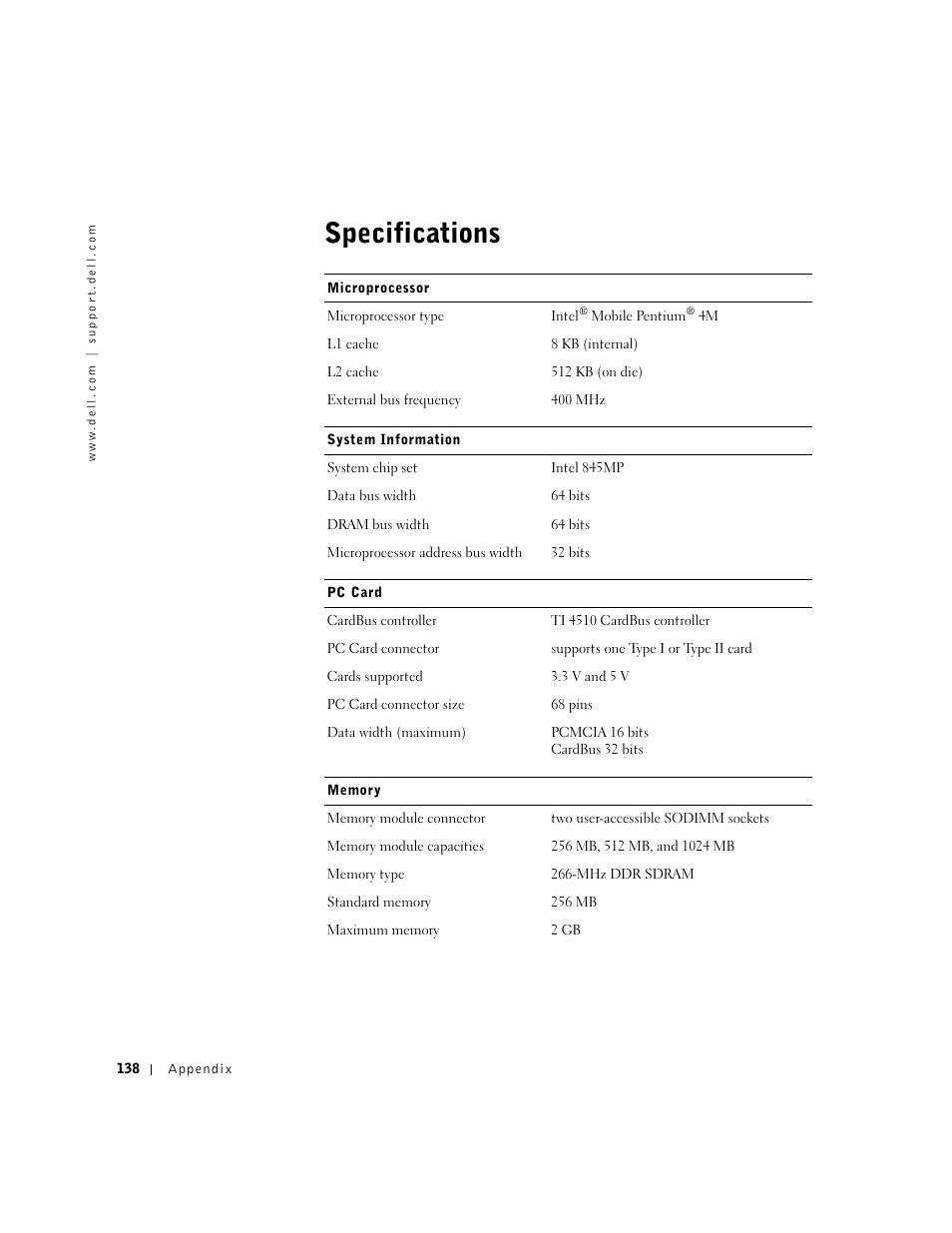 Specifications | Dell Inspiron 8500 User Manual | Page 138 / 186