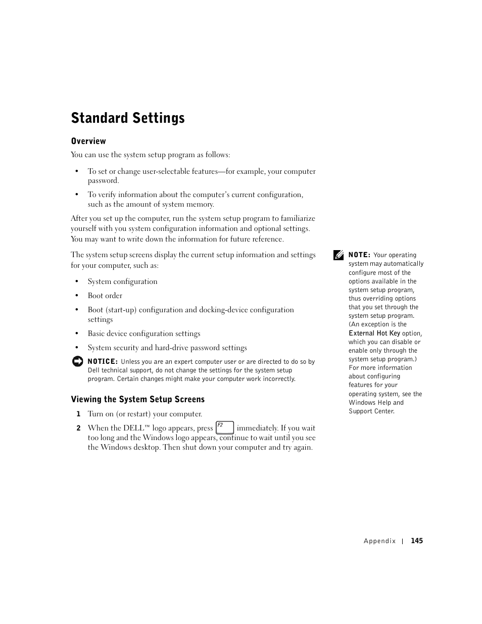 Standard settings, Overview, Viewing the system setup screens | Dell Inspiron 8500 User Manual | Page 145 / 186