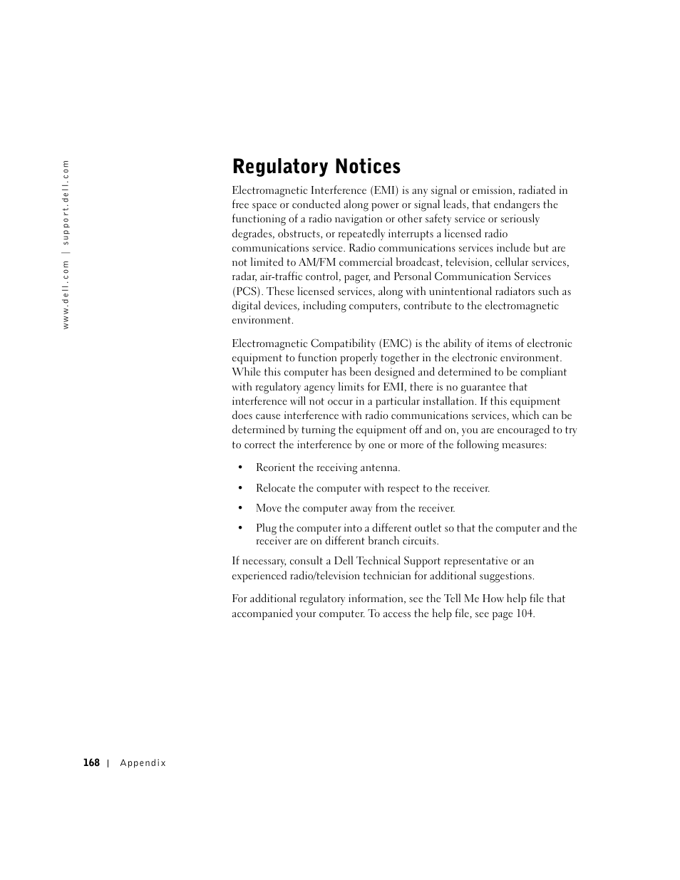 Regulatory noticesour cccess the help, Regulatory notices | Dell Inspiron 8500 User Manual | Page 168 / 186