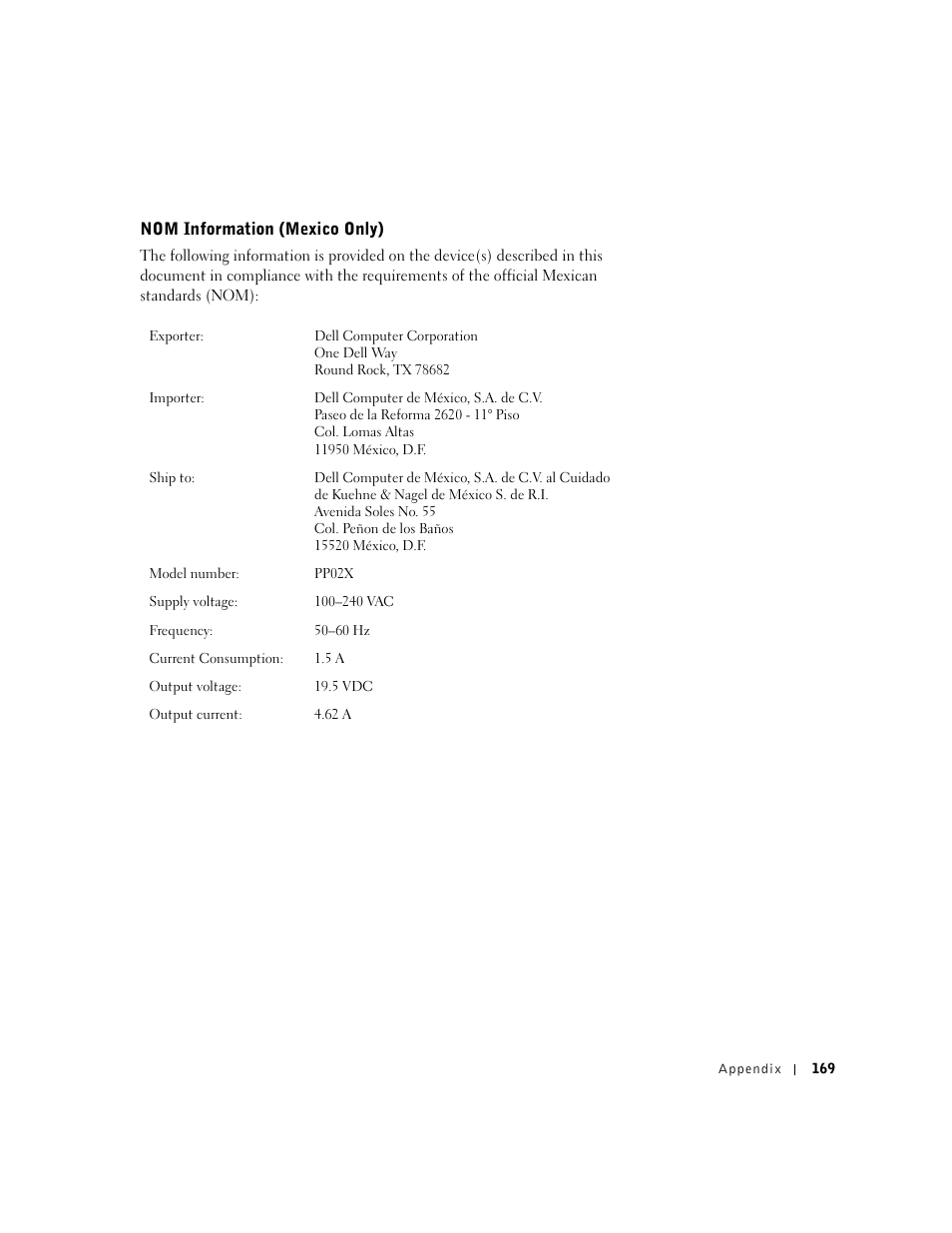 Nom information (mexico only) | Dell Inspiron 8500 User Manual | Page 169 / 186