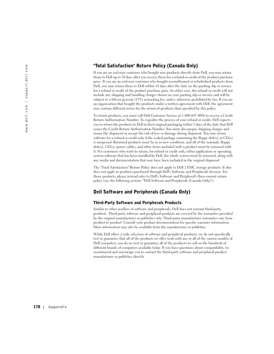 Total satisfaction" return policy (canada only), Dell software and peripherals (canada only) | Dell Inspiron 8500 User Manual | Page 178 / 186