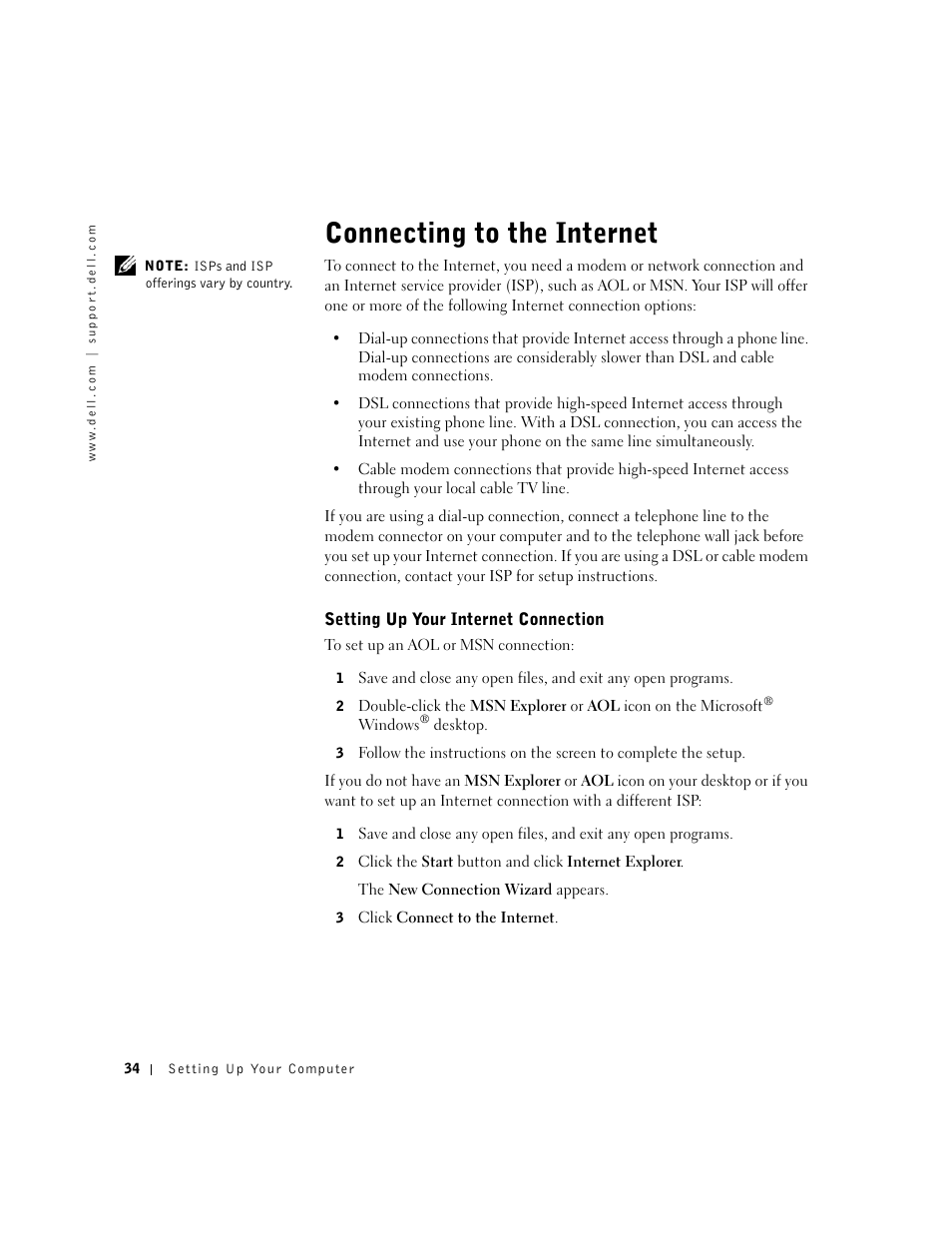 Connecting to the internet, Setting up your internet connection | Dell Inspiron 8500 User Manual | Page 34 / 186