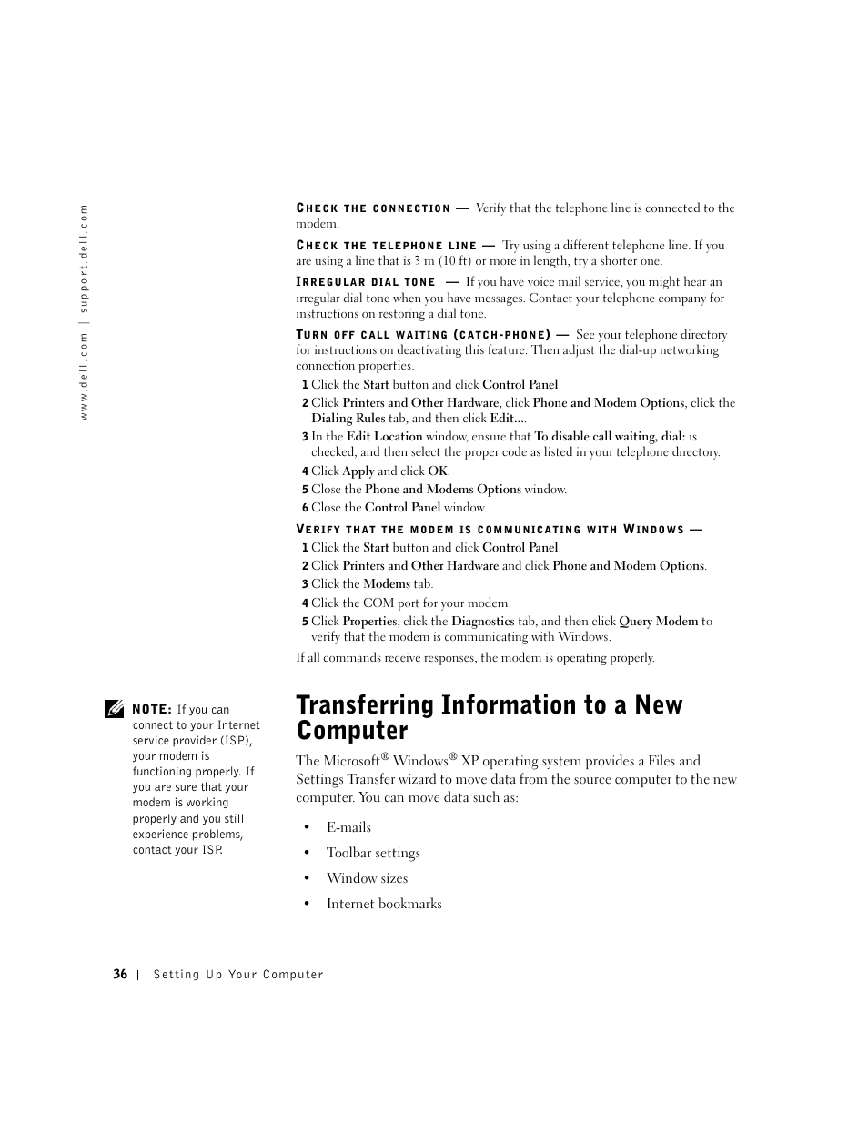 Transferring information to a new computer | Dell Inspiron 8500 User Manual | Page 36 / 186