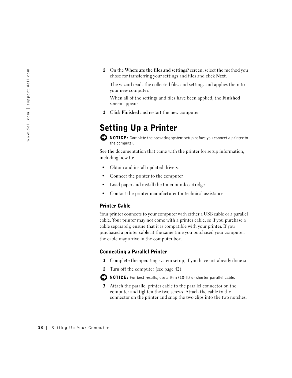Setting up a printer, Printer cable, Connecting a parallel printer | Dell Inspiron 8500 User Manual | Page 38 / 186