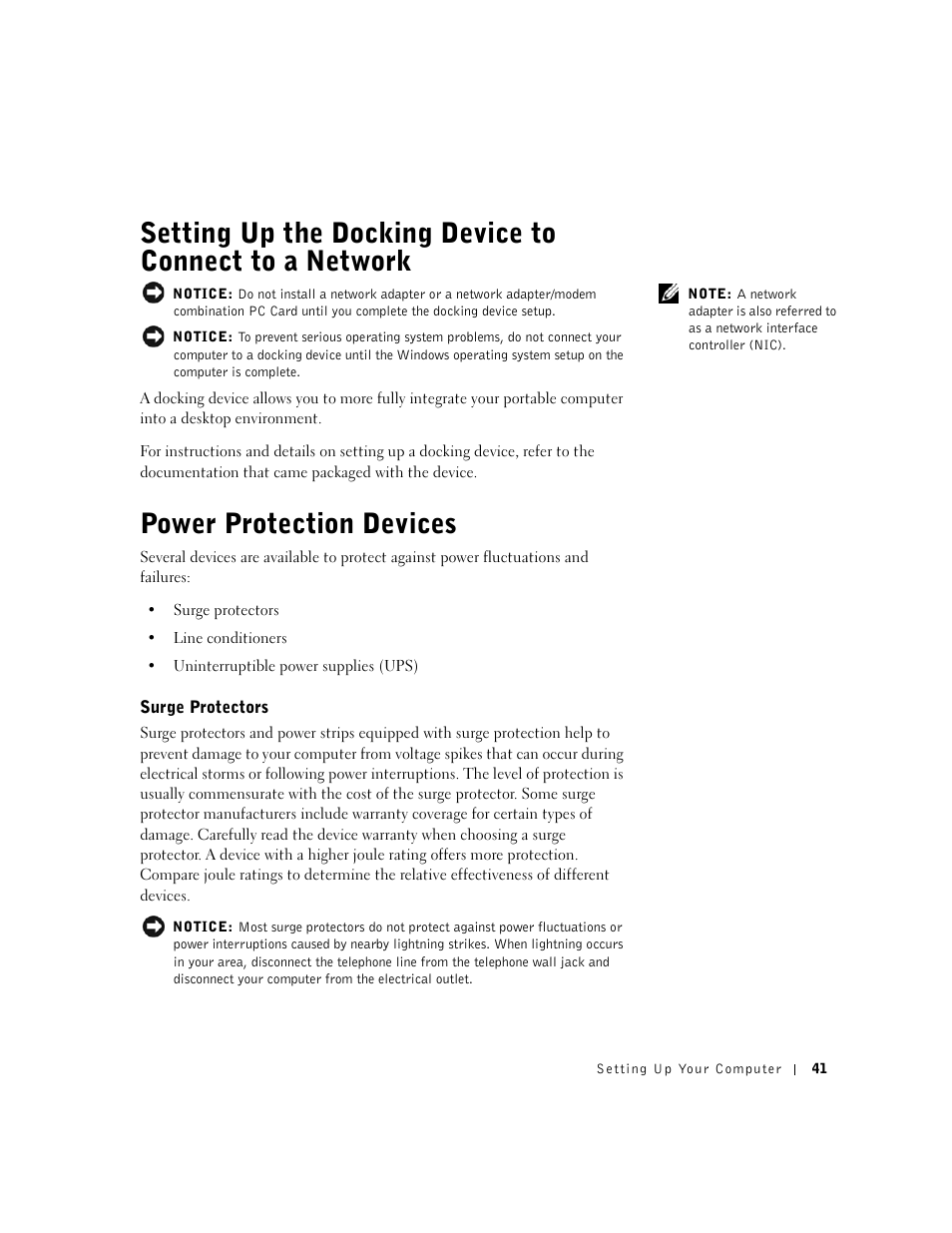 Power protection devices, Surge protectors | Dell Inspiron 8500 User Manual | Page 41 / 186