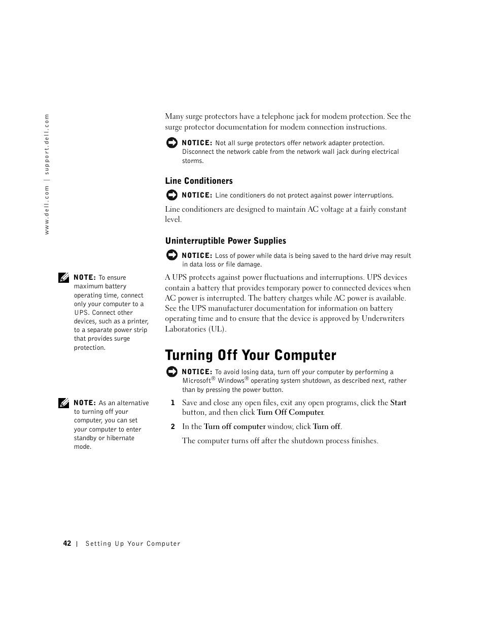 Line conditioners, Uninterruptible power supplies, Turning off your computer | Dell Inspiron 8500 User Manual | Page 42 / 186