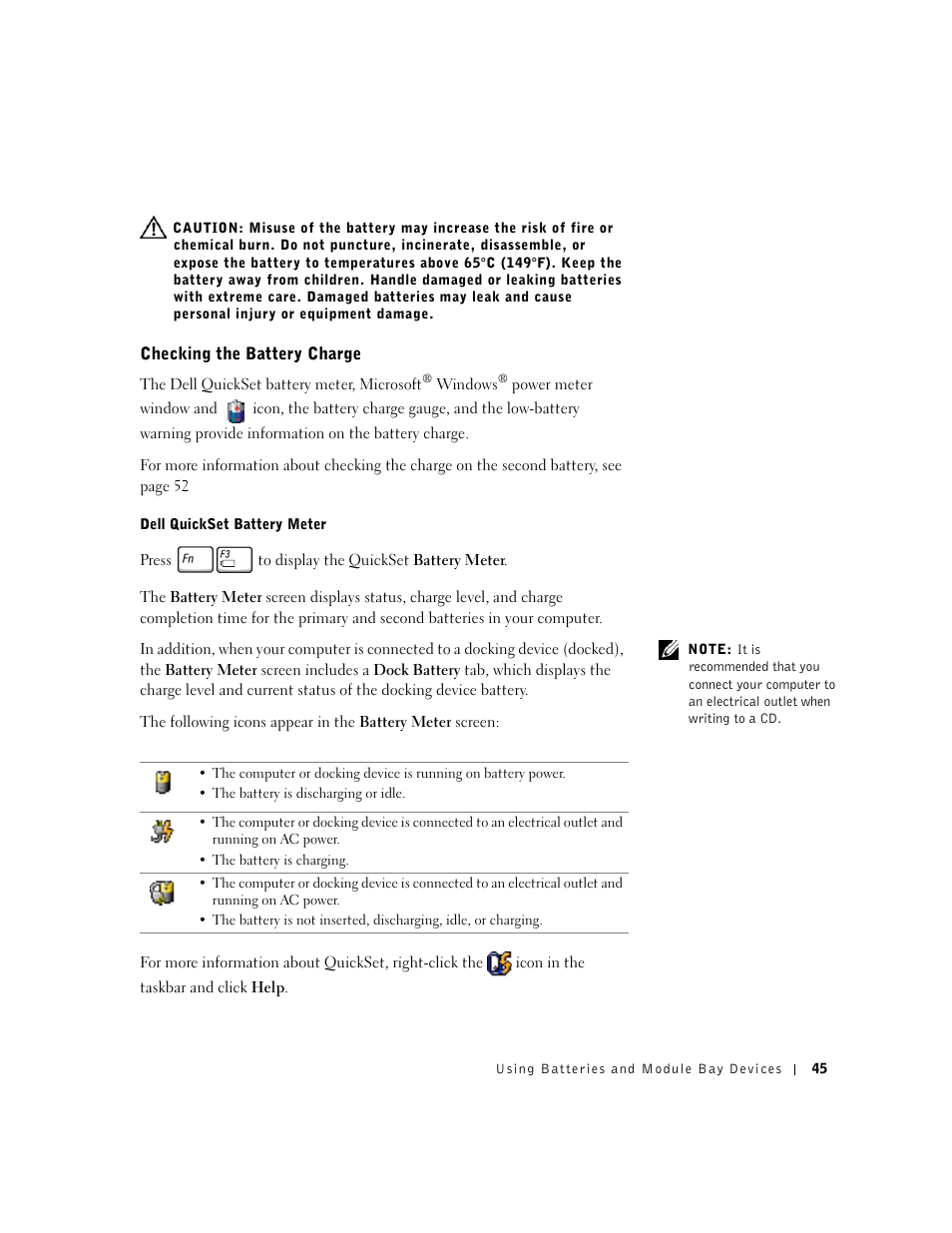 Checking the battery charge | Dell Inspiron 8500 User Manual | Page 45 / 186