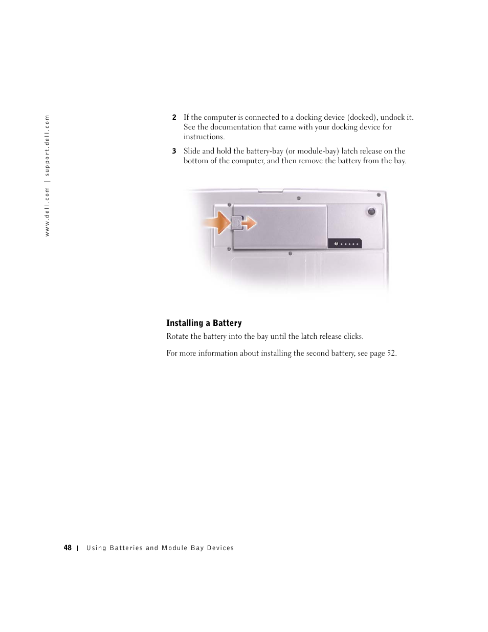 Installing a battery | Dell Inspiron 8500 User Manual | Page 48 / 186