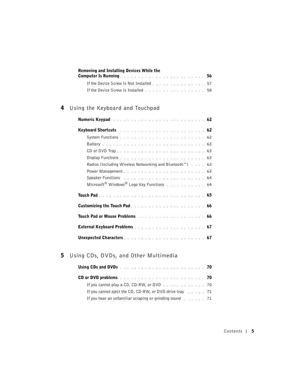 4 using the keyboard and touchpad, 5 using cds, dvds, and other multimedia | Dell Inspiron 8500 User Manual | Page 5 / 186