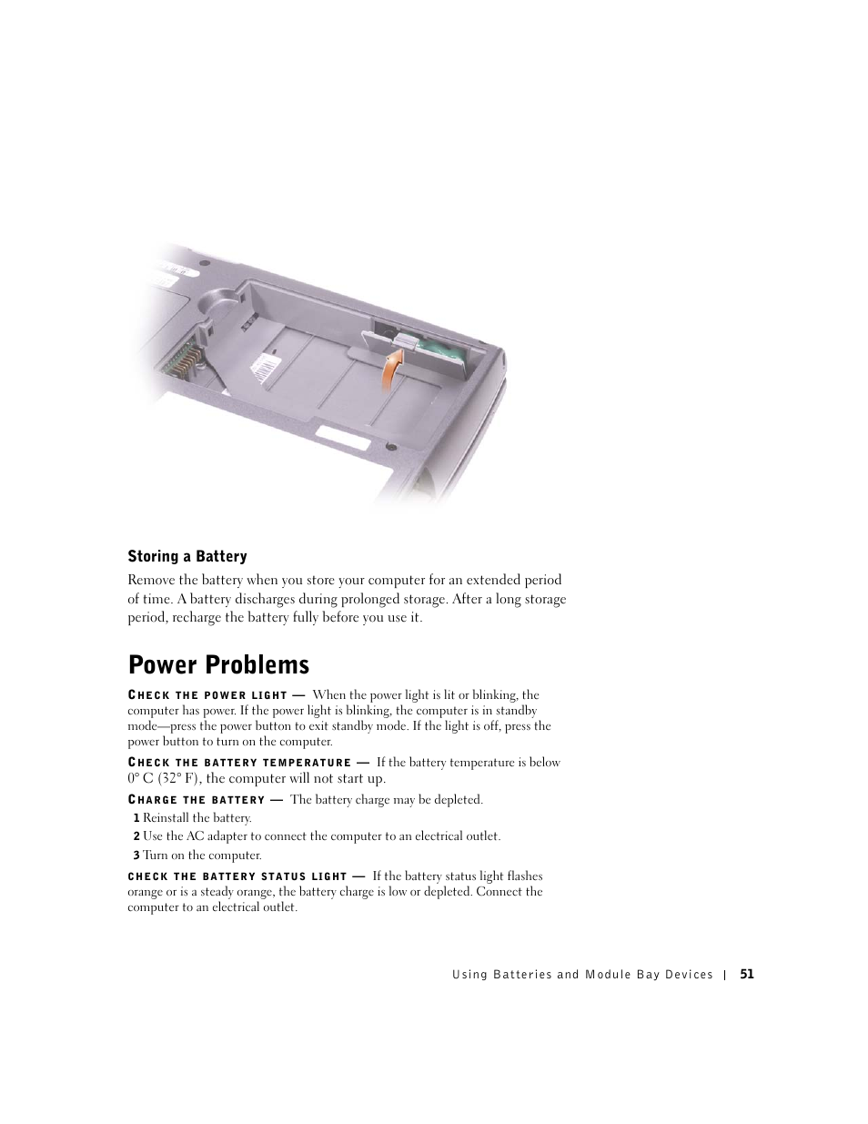 Storing a battery, Power problems | Dell Inspiron 8500 User Manual | Page 51 / 186