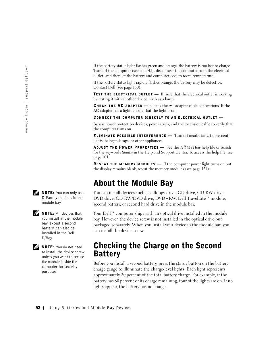 About the module bay, Checking the charge on the second battery | Dell Inspiron 8500 User Manual | Page 52 / 186