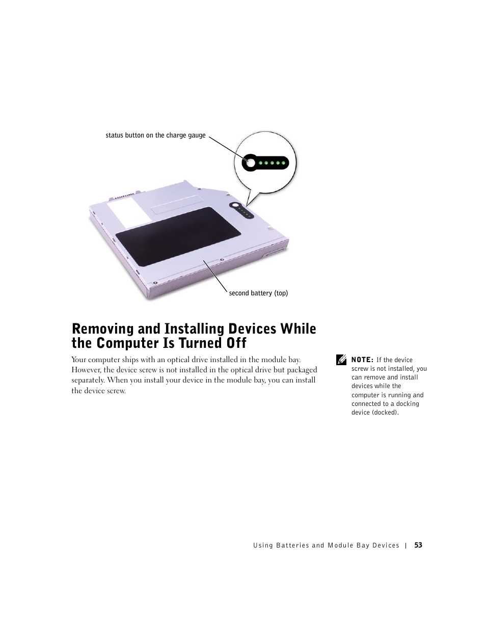 Removing and installing devices while the computer, Is turned off, Turned off | Dell Inspiron 8500 User Manual | Page 53 / 186