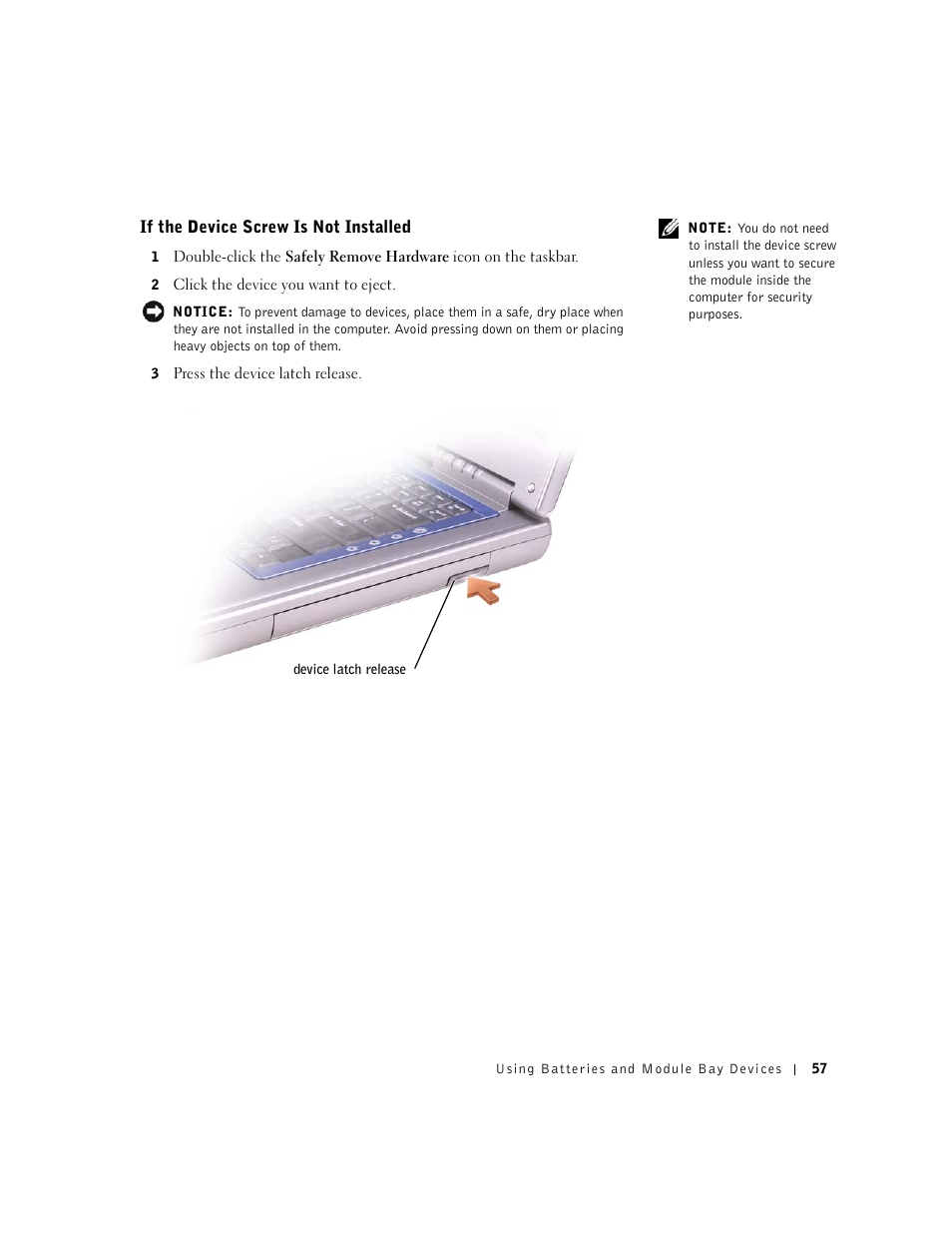 If the device screw is not installed | Dell Inspiron 8500 User Manual | Page 57 / 186