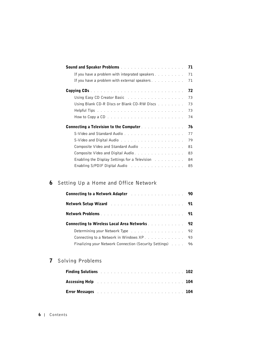 6 setting up a home and office network, 7 solving problems | Dell Inspiron 8500 User Manual | Page 6 / 186