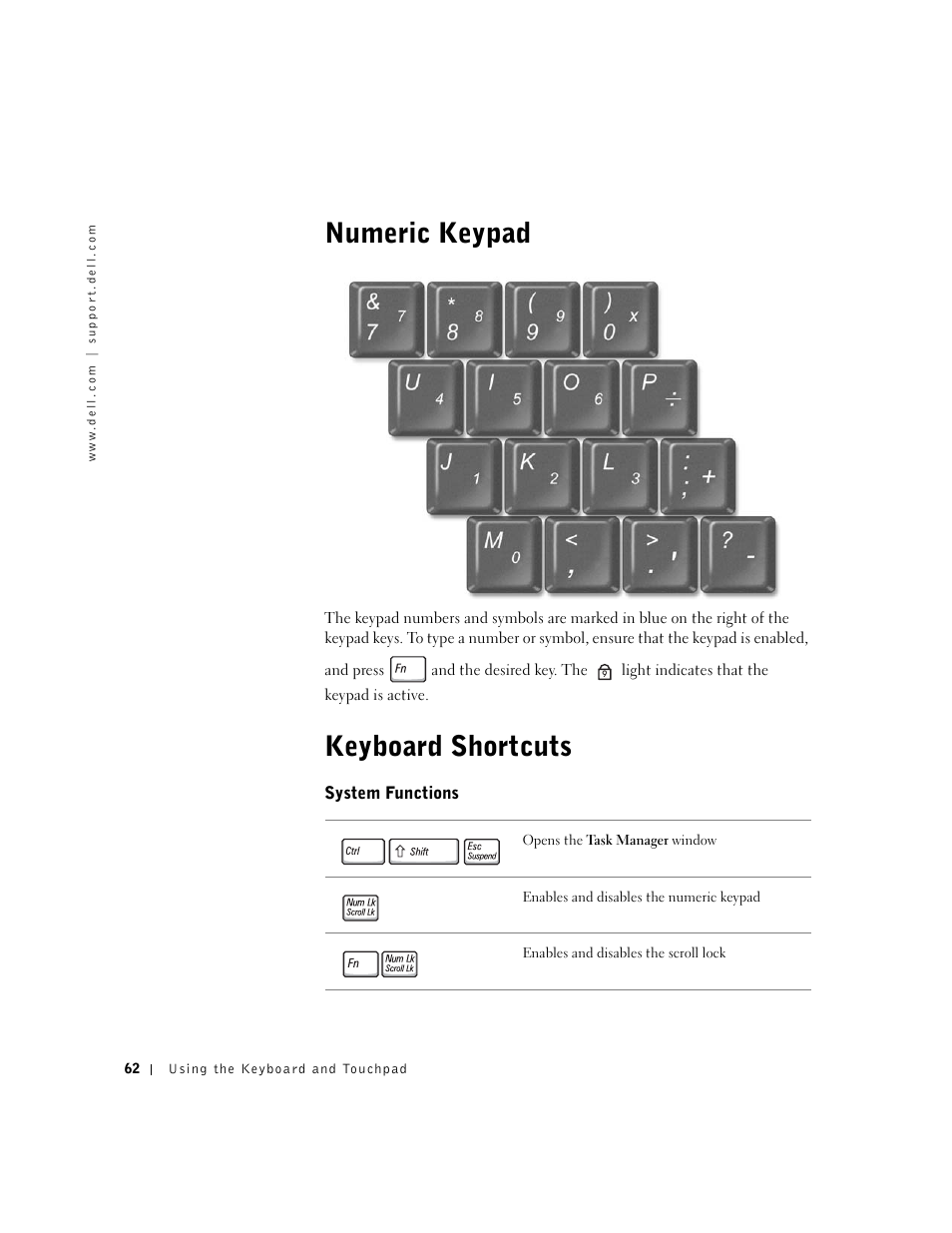 Numeric keypad, Keyboard shortcuts, System functions | Numeric keypad keyboard shortcuts | Dell Inspiron 8500 User Manual | Page 62 / 186