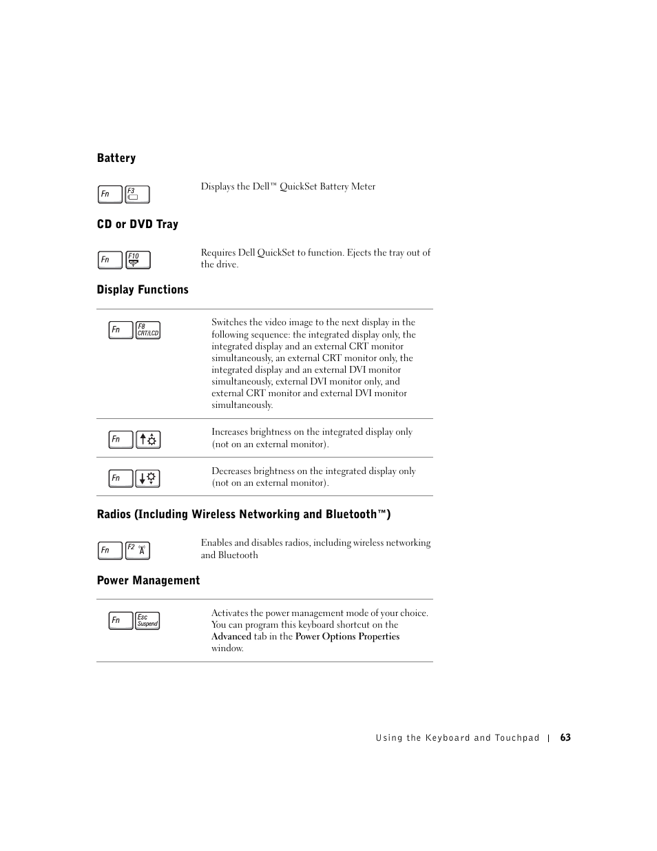 Battery, Cd or dvd tray, Display functions | Power management | Dell Inspiron 8500 User Manual | Page 63 / 186
