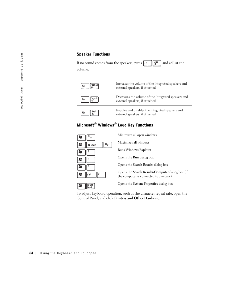 Speaker functions, Microsoft® windows® logo key functions, Microsoft | Dell Inspiron 8500 User Manual | Page 64 / 186