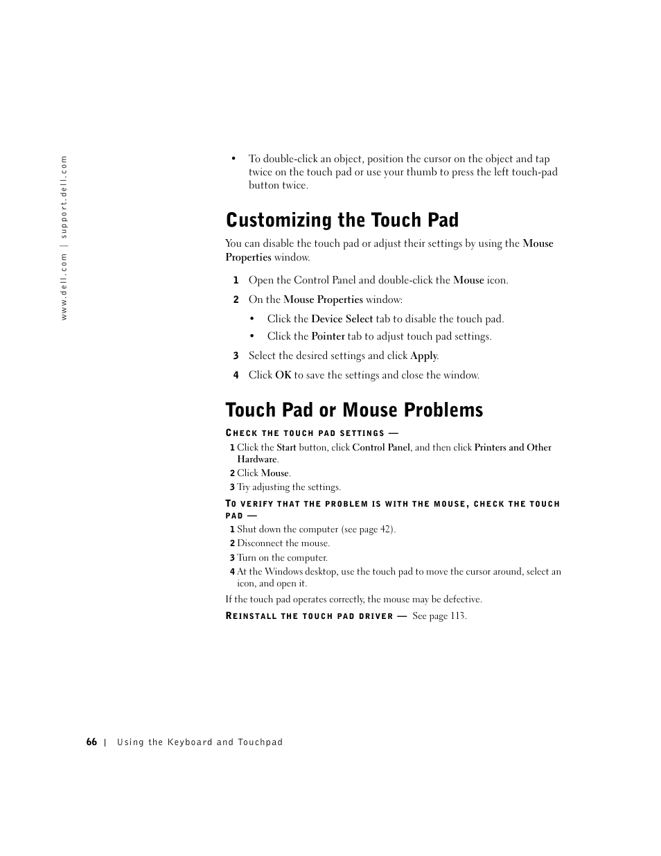 Customizing the touch pad, Touch pad or mouse problems | Dell Inspiron 8500 User Manual | Page 66 / 186