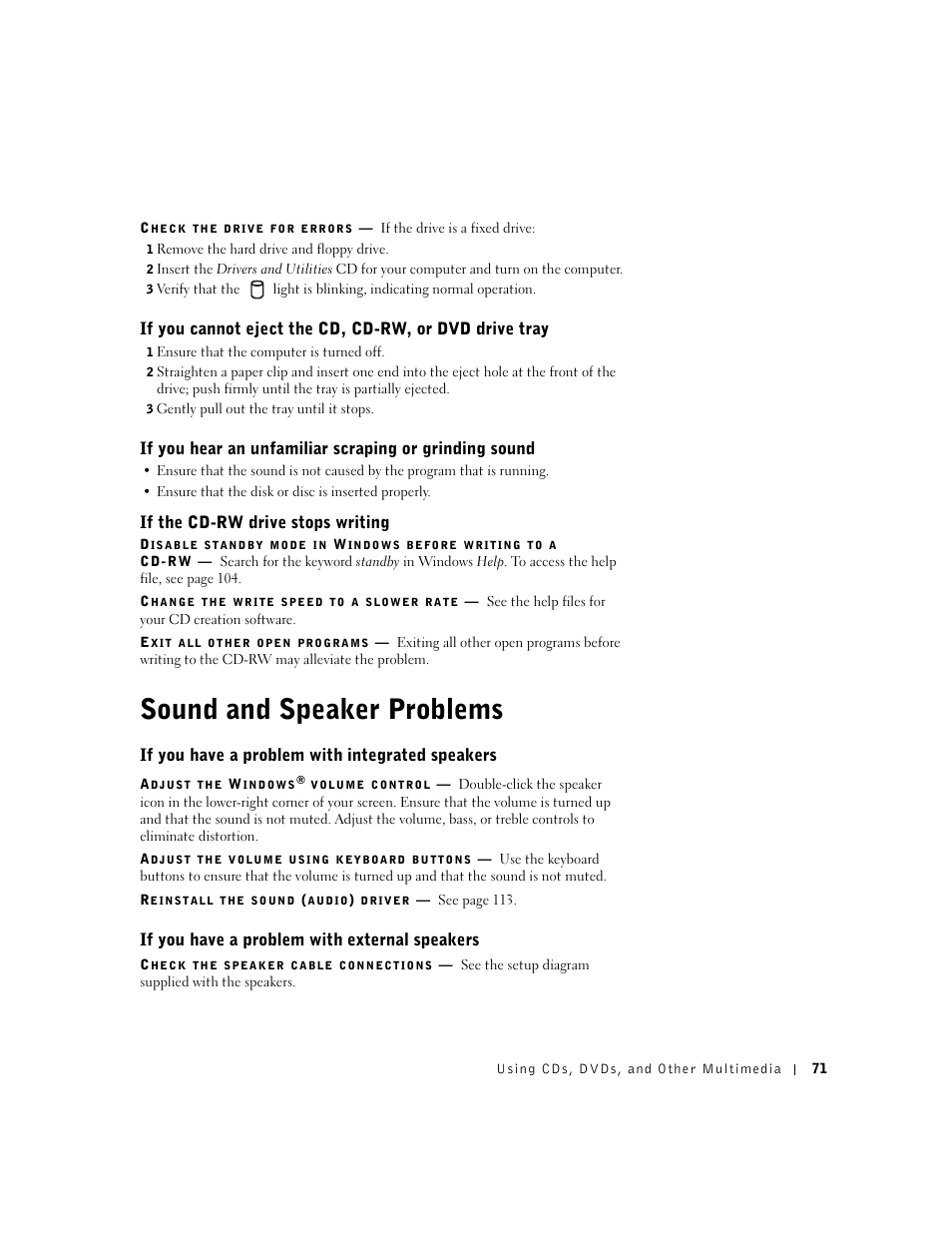 Sound and speaker problems, If you have a problem with integrated speakers, If you have a problem with external speakers | If the cd-rw drive stops writing | Dell Inspiron 8500 User Manual | Page 71 / 186