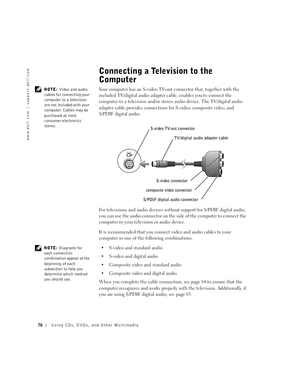 Connecting a television to the computer | Dell Inspiron 8500 User Manual | Page 76 / 186