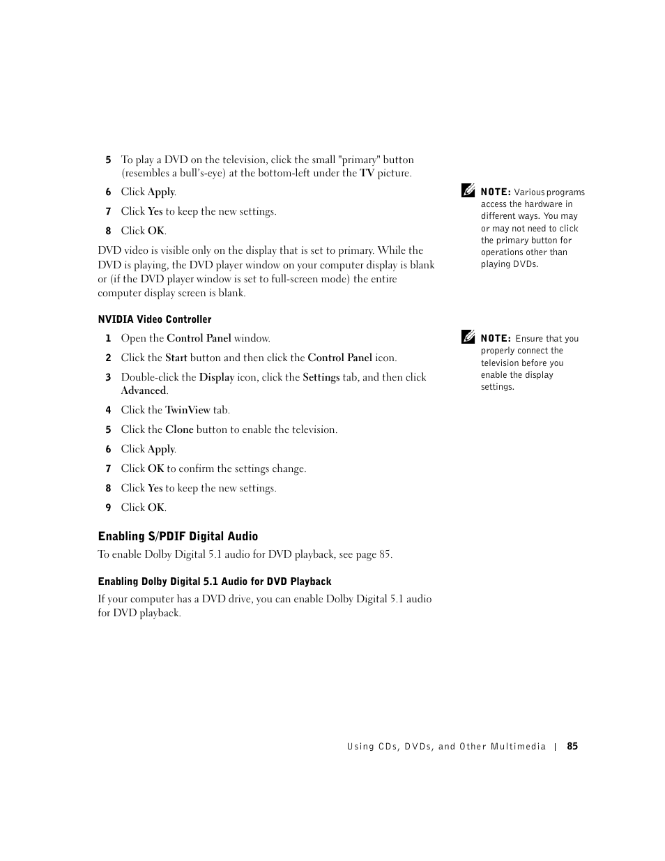 Enabling s/pdif digital audio | Dell Inspiron 8500 User Manual | Page 85 / 186